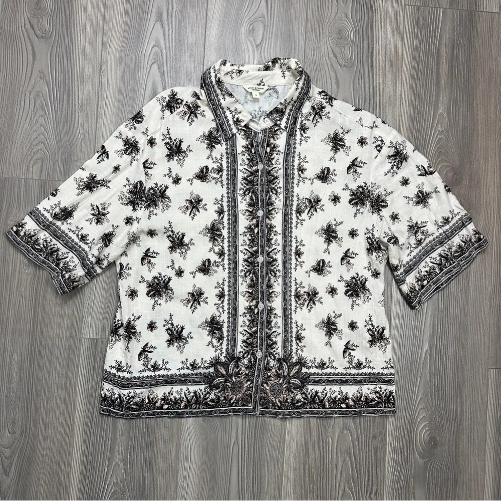 Max Studio London Cream and Brown Floral Patterned Button Down Shirt